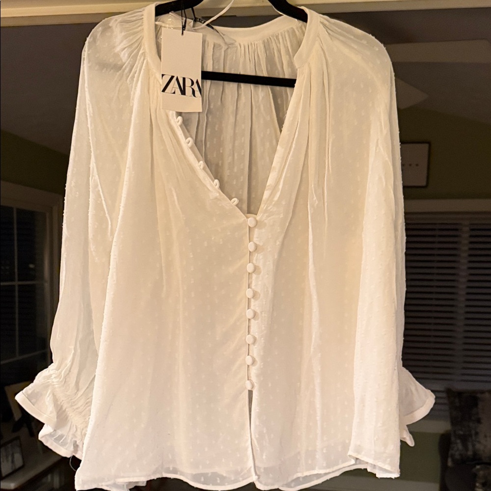 New Zara billowy Swiss Dot Button-Front Blouse size L